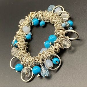 Stretchy Bracelet Silvertone Circles Rings Blue Beads 2 inch Unstretched